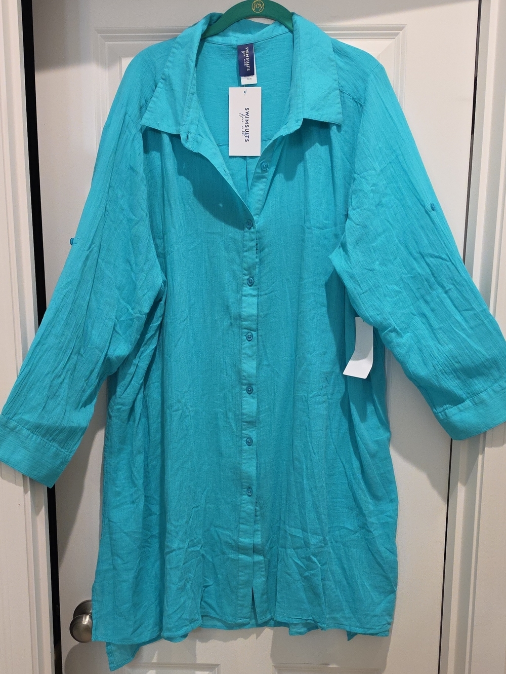 Swimsuits For All Turquoise Button-Up Swim Cover/Beach Dress  26/28